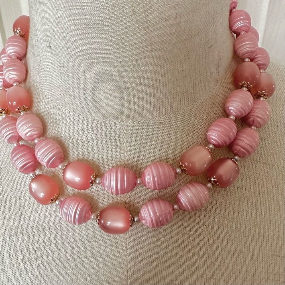 Vintage faux pearl pink beaded double strand necklace
